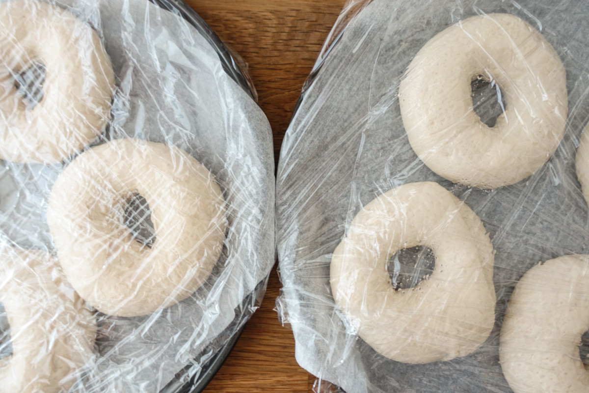 Wrapped bagels ready to poach